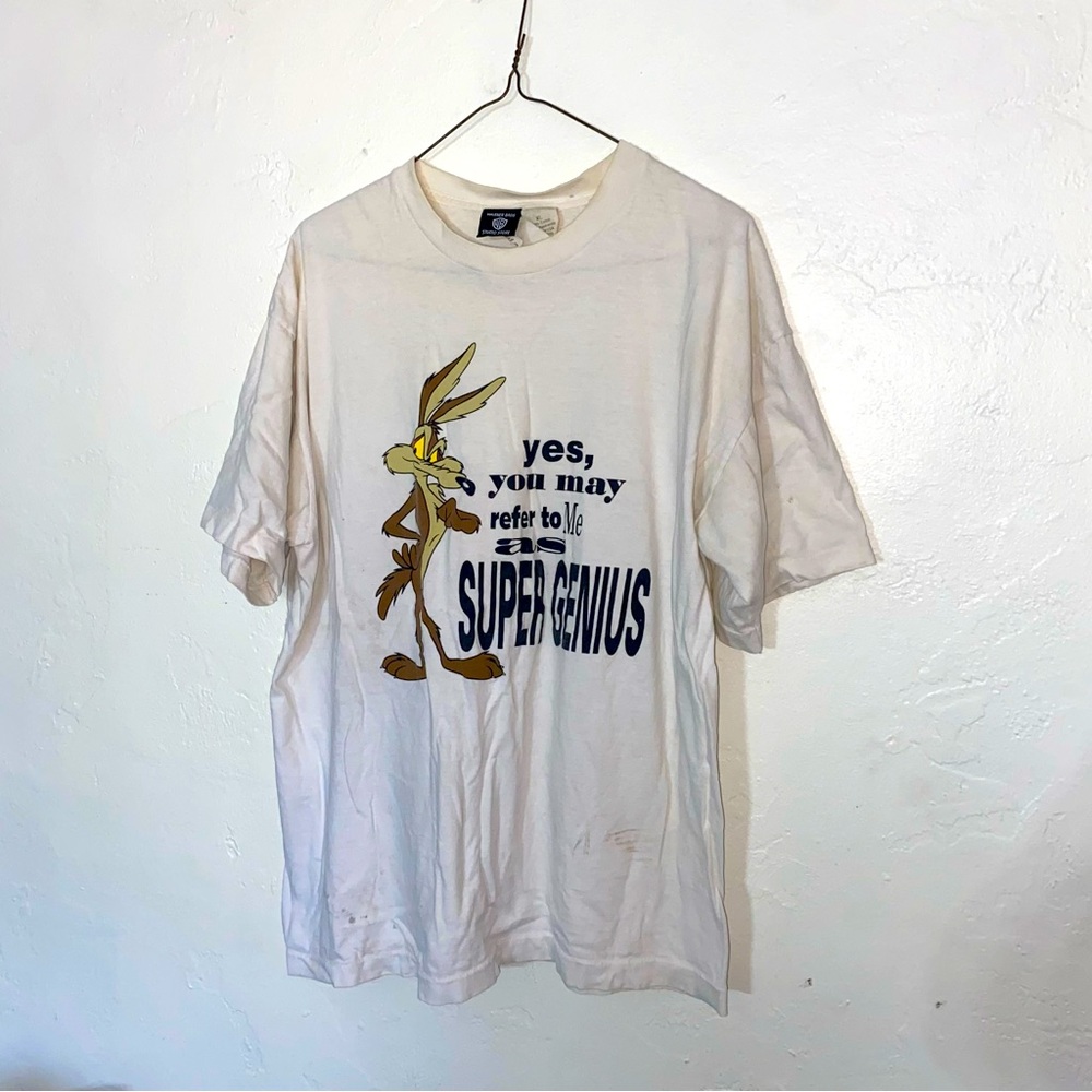 Vtg Wylie Coyote Roadrunner Supergenius T-Shirt XL Made in USA Single Stitch